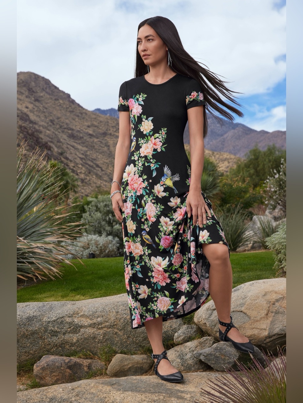 Johnny Was The Janie Favorite Cap Sleeve Midi Dress Black Birdie Floral MP